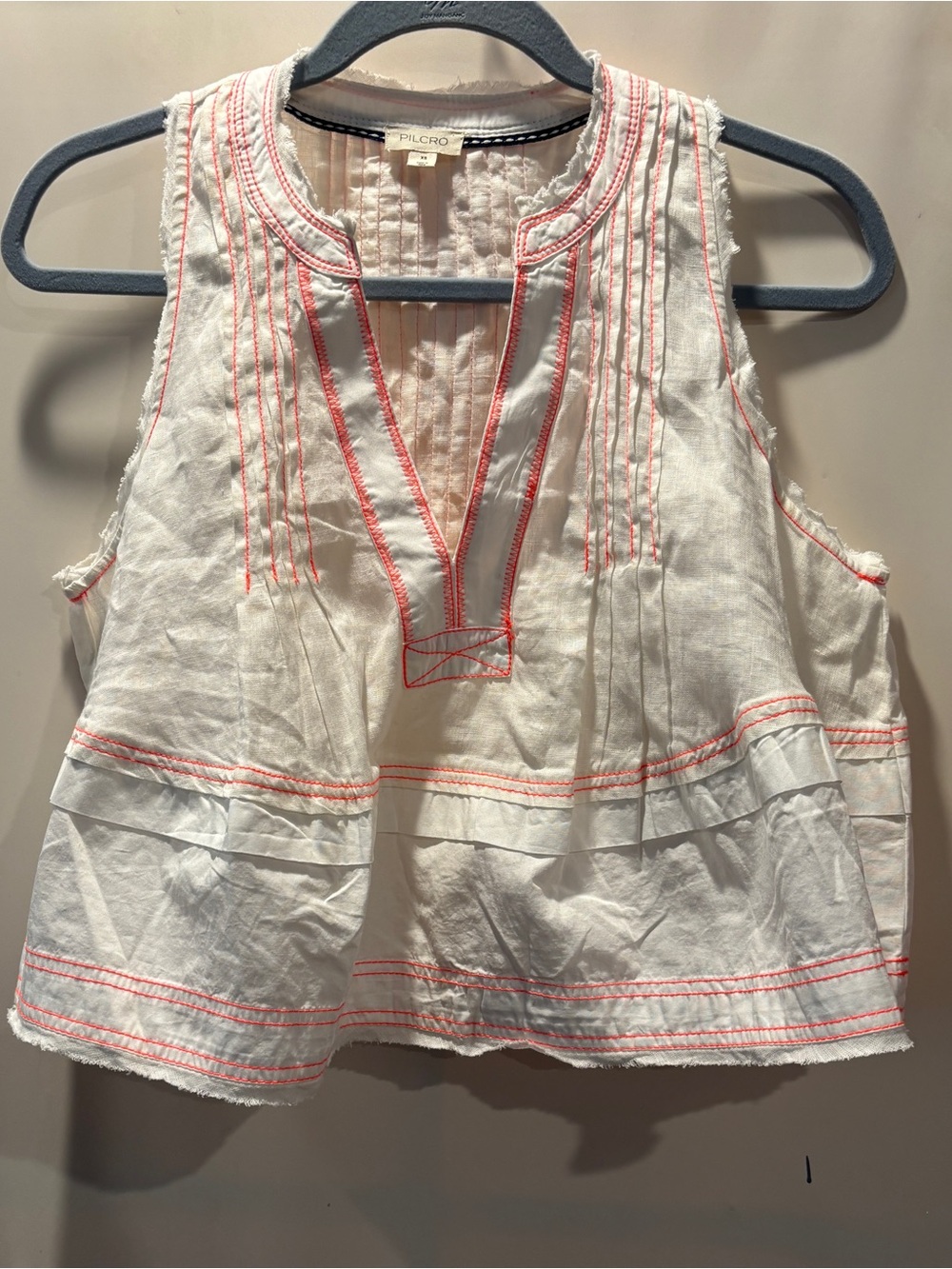 Pilcro White Sleeveless Linen Blend Top with Coral Stitching XS